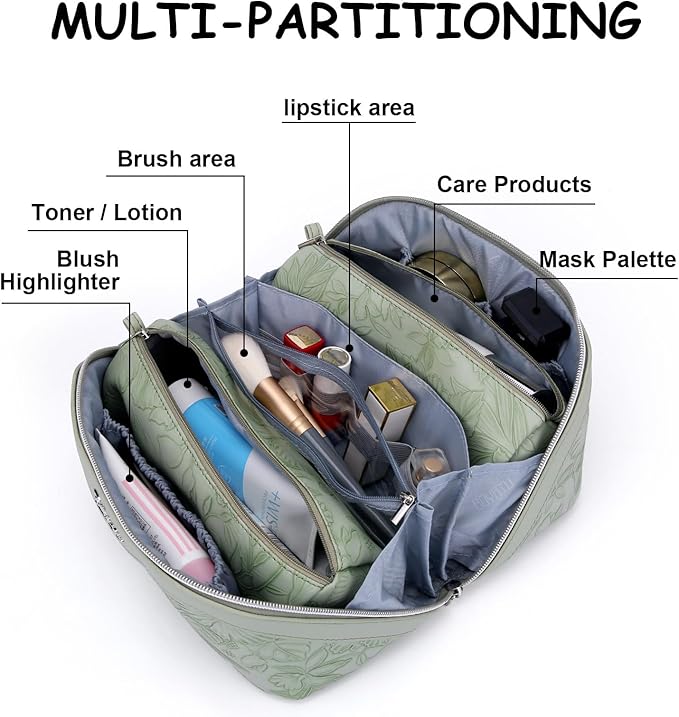 BOYATU Travel Makeup Bags Cosmetic Organizer Bag: 3-Set Large Capacity Make up Bag - PU Leather Toiletry Bags for Women - Wide Open Portable Pouch with Divider & Handle (02-Light Green)