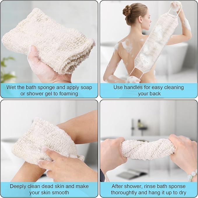 35.5" Long Exfoliating Washcloth Shower Loofah with Handle for Women, Natural Body Scrubber Back Cleaner for Shower, Double Layer Extra Rough Bath Scrubber for Body