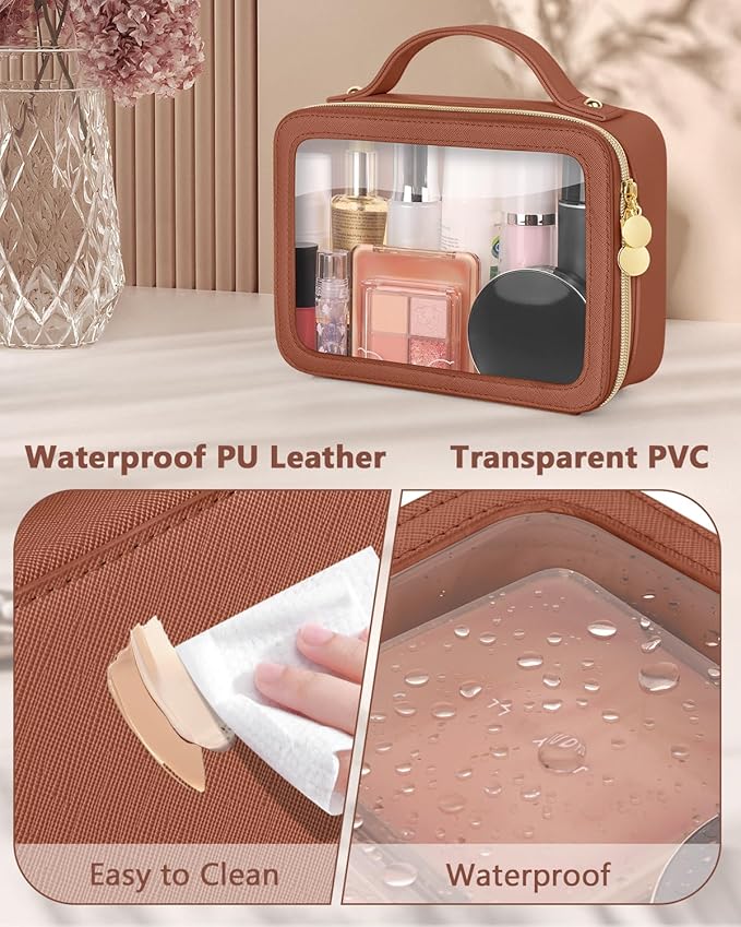 Clear Makeup Bag, Portable Travel Cosmetic Bags, Multipurpose Leather Toiletry Bag with Zipper, Waterproof Transparent Cosmetic Organizer for Women, Medium, Brown