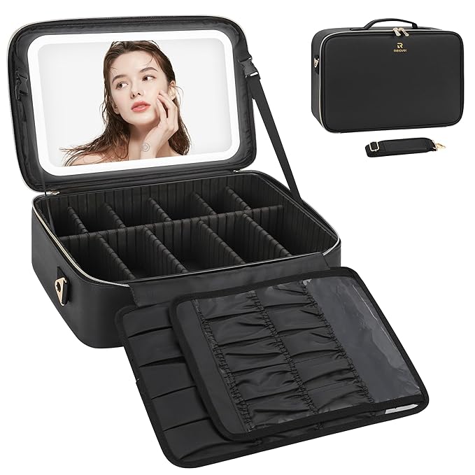 Relavel Travel Makeup Bag With LED Mirror, 16.2" Large Makeup Train Case, 3 Color Scenarios Adjustable Brightness, Waterproof Makeup Train Case Organizer with DIY Dividers for Makeup Artist, Black