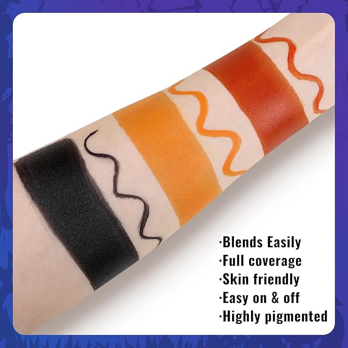Black Red Orange Face Body Paint + 3PC Sponge + Brush, Colored Eye Black for Baseball Softball Sport Games, Face Painting Kit for Halloween Makeup, Pumpkin Cosplay, Costume, SFX Makeup, Theme Parties