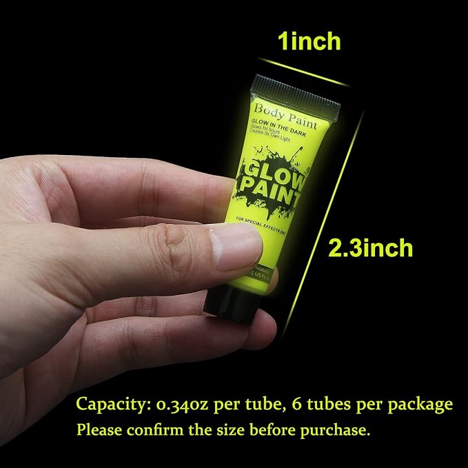 Glow in Dark Face Body Paint UV Blacklight Neon Fluorescent 0.34oz Set of 6 Tubes