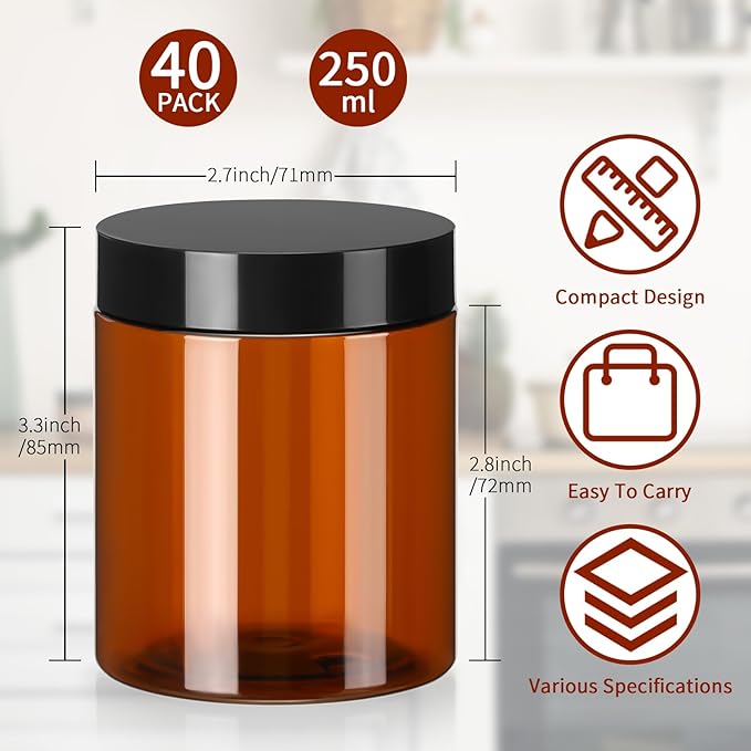 Tanlade 40 Pcs 8 oz Plastic Jars with Lids Round Cosmetic Containers Refillable Containers for Powder Liquid Food Storage Kitchen Cosmetic Lotion Ointments Creams Essential Oil(Amber)