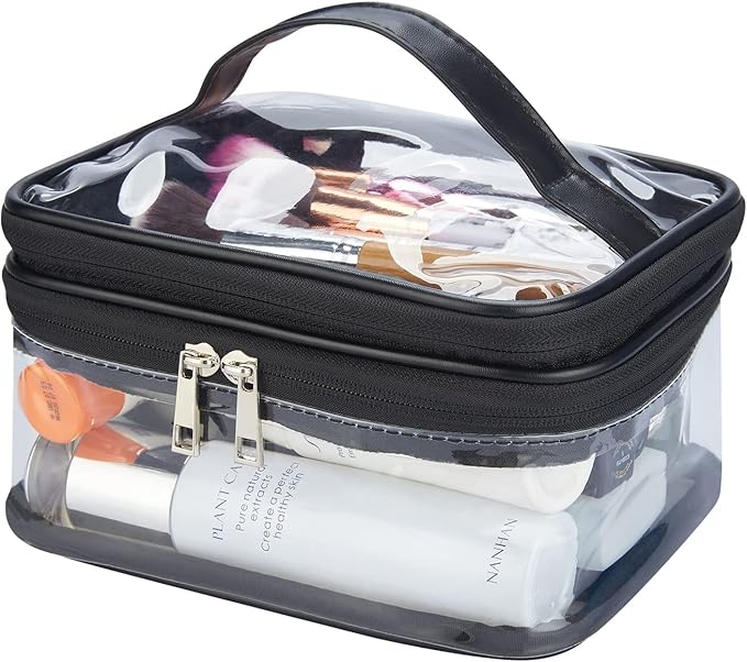 Double Layer Clear Cosmetic Bag Makeup Bag, Waterproof Travel Toiletry Bag, Transparent PVC Hair & Nail Accessories Pouch Beach Bag Organizer (Black)