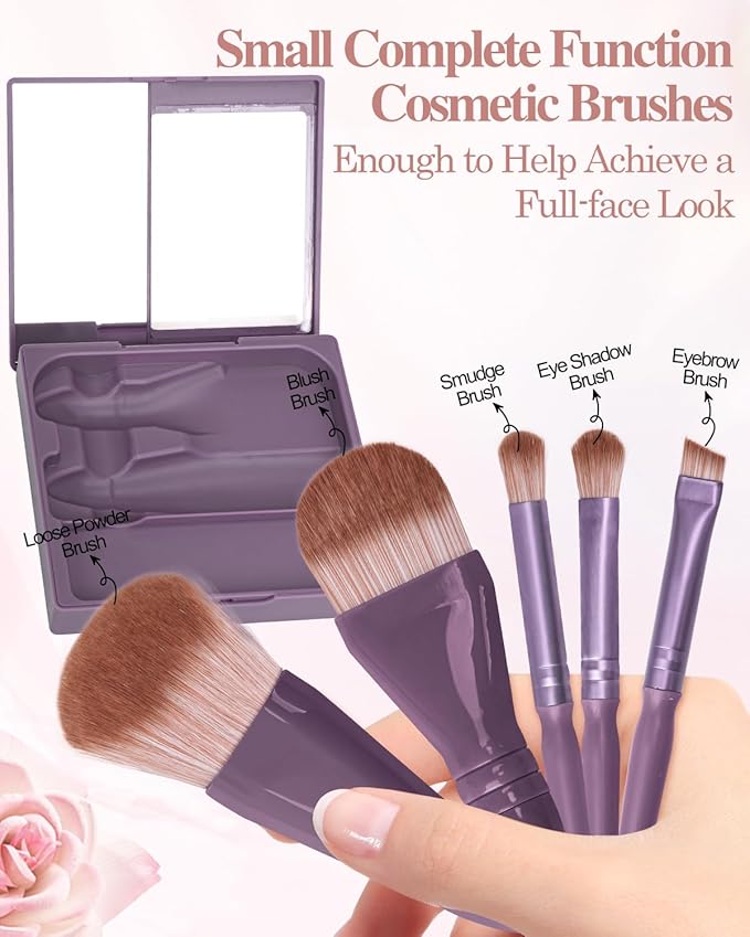 Travel Size Makeup Brushes Mini Set with Hard Case and Built-in Mirror, 5Pcs Small Cosmetic Brushes, On the Go Brush Travel Essentials kits for Women, Girls Gift (Dark Purple)