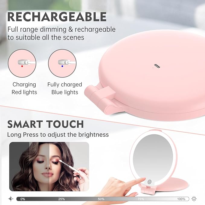 FUNTOUCH Travel Mirror with Light, 10X 1X Double Sided Magnification Makeup Vanity Mirror Rechargeable Lighted Mirror with 3 Color Setting Adjustable Rotation LED Vanity Desk Mirror,Pink