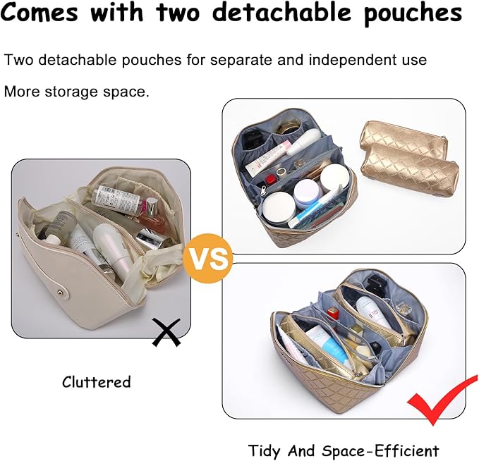 BOYATU Travel Makeup Bags Cosmetic Organizer Bag: 3-Set Large Capacity Make up Bag - PU Leather Toiletry Bags for Women - Wide Open Portable Pouch with Divider & Handle (07-Gold)