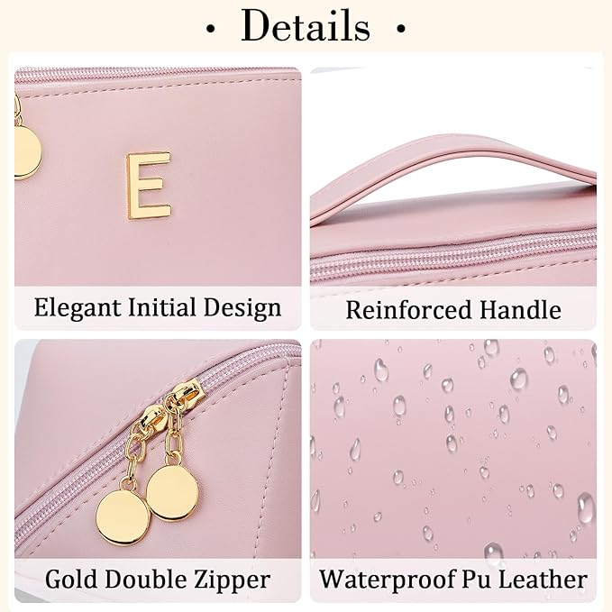 Birthday Gifts for Women Teen Girl, Personalized Initial Makeup Organizer Bag Set, Open Flat Travel Cosmetic Bag With Clear Divider and Handle(Pink,E)