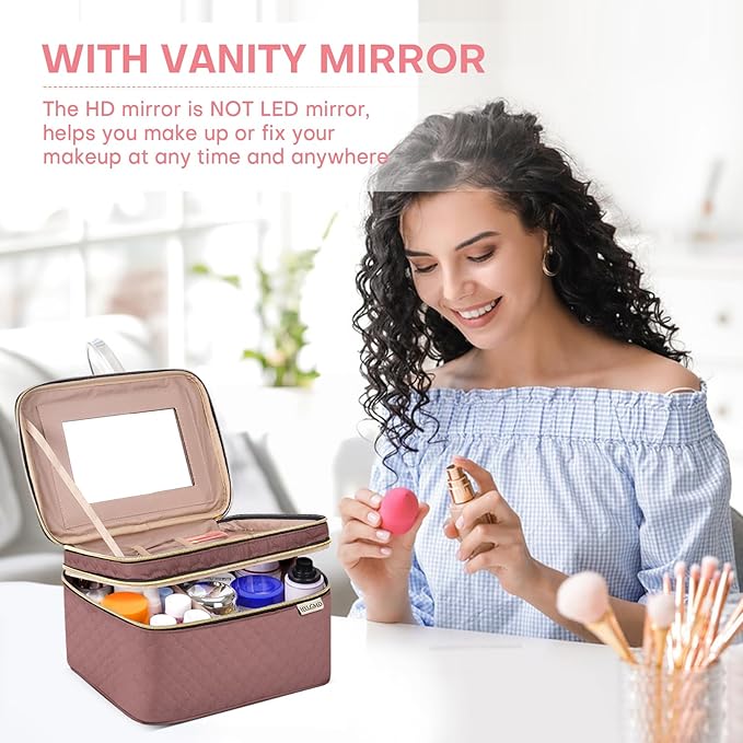 Large Makeup Bag with Mirror Double Layer Travel Make Up Organizer Case, Large Capacity Coemetic Bag with Brush Slot Divider