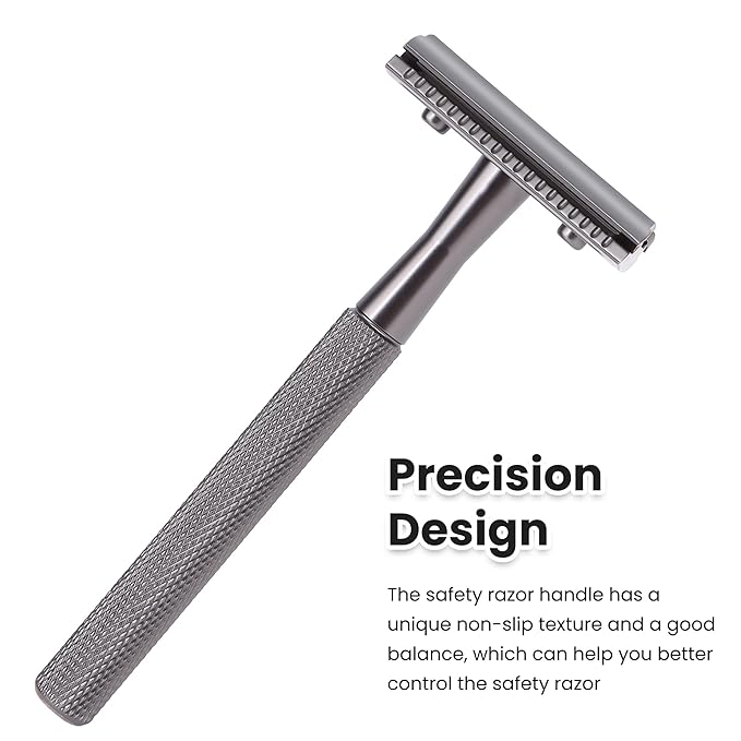 Double Edge Razor With Stand and 10 Premium Stainless Steel Blade Safety Razors For Men Shaving Razor, Matte Black Double Edge Safety Razor, Gun Black