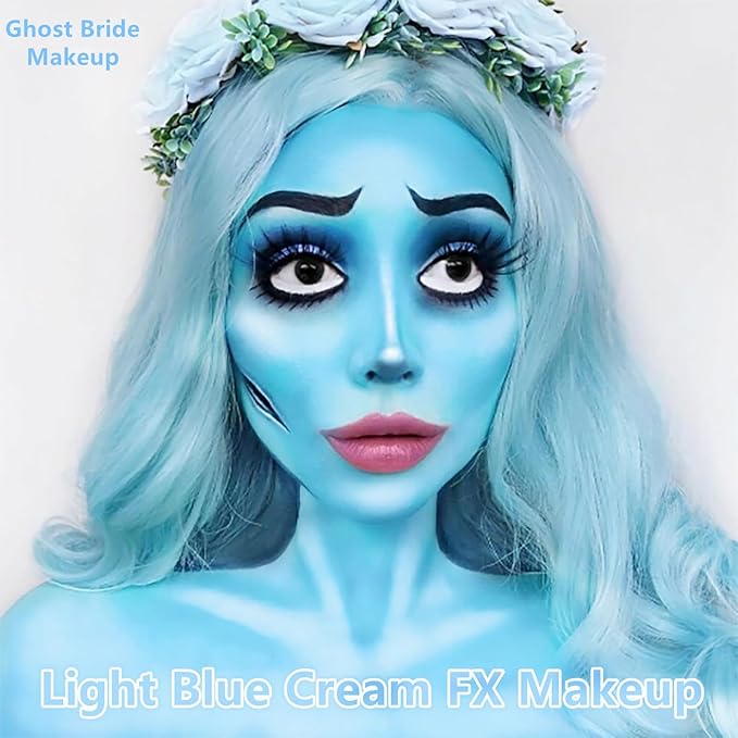 Go Ho Cream-Blendable Light Blue Face Paint Stick (1.06 Oz),Full-coverage Pale Blue Face Body Paint for Halloween Cosplay SFX Ghost Bride Sally Makeup,Waterproof Makeup Stick