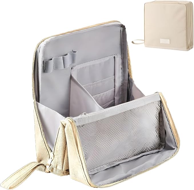 Makeup Bag,Standing Makeup Bag – Portable,Large Capacity Multi-purpose Large Capacity Oxford Cloth Standing Makeupbag Portable, Aterproof,Compartments and Handle (Beige)