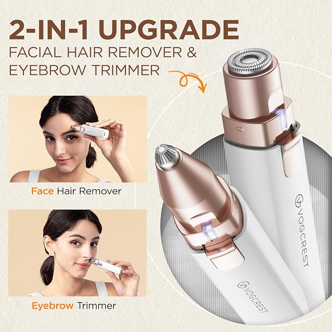 Rechargeable Facial Hair Remover for Women: 2 in 1 Electric Eyebrow and Facial Hair Remover - Suitable for Middle-aged Women’s Eyebrow, Chin, and Cheek Trimming - with Built-in LED Light (White)