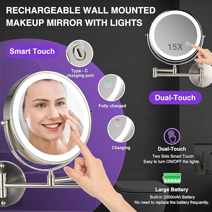 Magnifying Mirror with Lights 1x/15x: 8.5" Double Sided Wall Mounted Lighted Makeup Mirror for Bathroom, Brushed Nickel