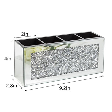 SHYFOY 4-Compartment Makeup Brush Holder, Mirrored Makeup Organizer with Crushed Diamond Crystals, Vanity Cosmetics Organizer Solution, Pencil Holder Organizer for Desk