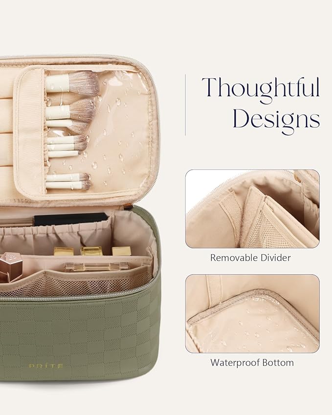 Prite Makeup Bag Portable Cosmetic Organizer with Brush Holder Waterproof Travel Toiletry Bag for Women with Handle and Divider (Checkered Green)