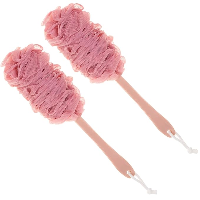 Back Scrubber for Shower,Loofah Long Handle Bath Body Brush,Soft Nylon Mesh Sponge for Shower,Loofah On a Stick for Men Women,Exfoliating Scrub Cleaning Luffa for Elderly(2-Pack,Pink)