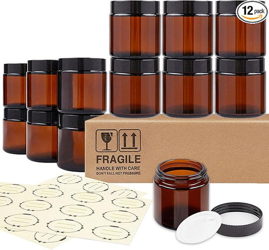 TUZAZO 4 Oz Thick Amber Round Glass Jars with Inner Lids and Black Lids, 12 Pack Small Empty Candle Making Jars/Cosmetic Containers for Lotions, Creams, Body Butters, Essential oil Beauty Products