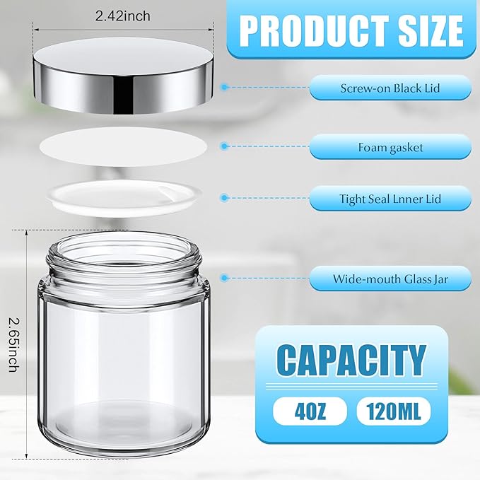 Norme 24 Pcs 4 oz Glass Jars with Lids Leakproof Round Airtight Empty Cosmetic Jars with Inner Liners Lid for Storing Lotions Powder Ointments Candle Making Tins (Silver,Clear)