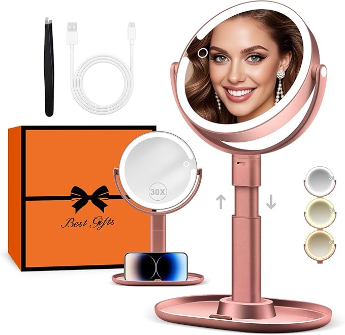 B Beauty Planet Makeup Mirror with Lights, Lighted Magnifying Mirror 30X with 3 Lighting and Adjustable Brightness, 2-Sided Height Adjustable Vanity Mirror for Bathroom, Gifts for Women Rose Gold