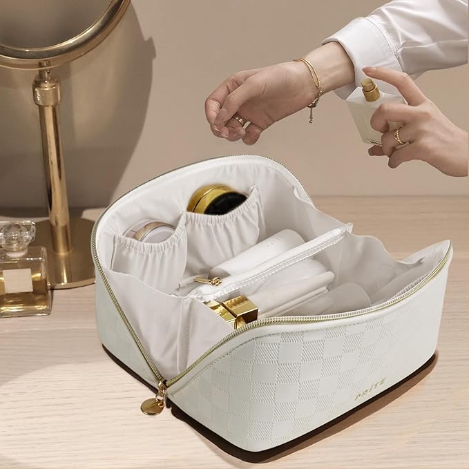 Prite Makeup Bag for Women Travel Waterproof Vegan Leather Cosmetic Bag Open Flat Toiletry Bag With Clear Divider and Handle (Plaid Beige)