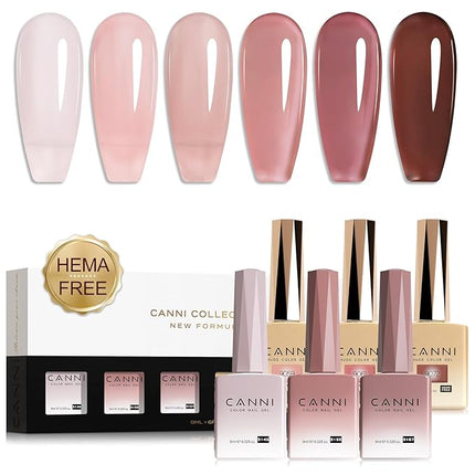 CANNI Jelly Gel Nail Polish Set – 6 Colors (Pink, Red, Nude Brown), 9ML Translucent Natural Shades, Soak Off UV LED Gel, High Gloss Nail Art for Salon & DIY
