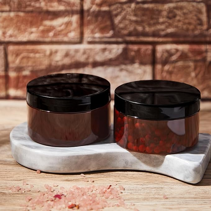 Uiifan 48 Pcs 8 oz Plastic Jars with Lids &labels, Empty Refillable Cosmetic Leak Proof Containers for Cream Body Butters Powder Ointment Lip Scrub(Amber)