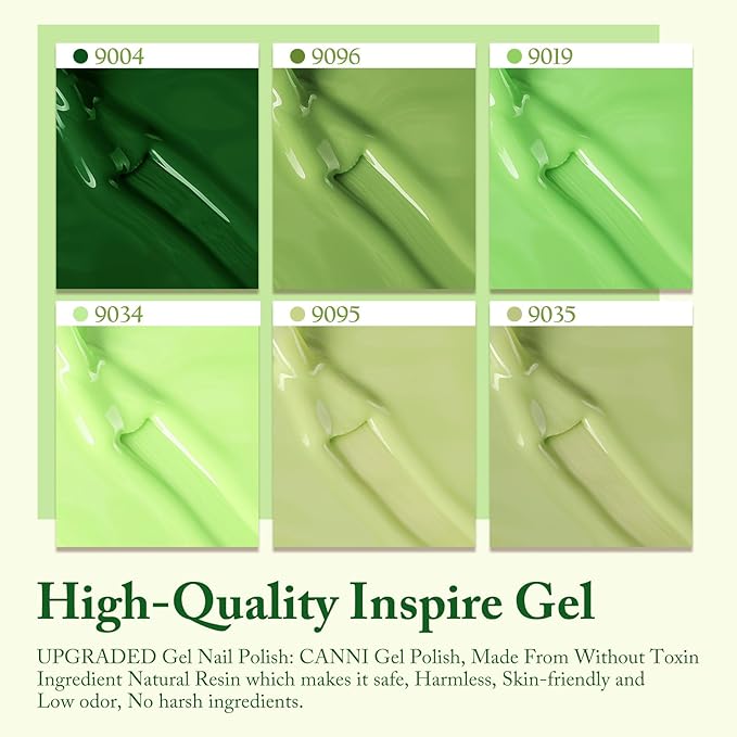 CANNI Green Gel Nail Polish Set – 6 Colors (Olive, Evergreen, Sage, Mint, Light Green), 9ML Soak Off UV LED Gel Nail Kit for Spring Nail Art & DIY Manicure