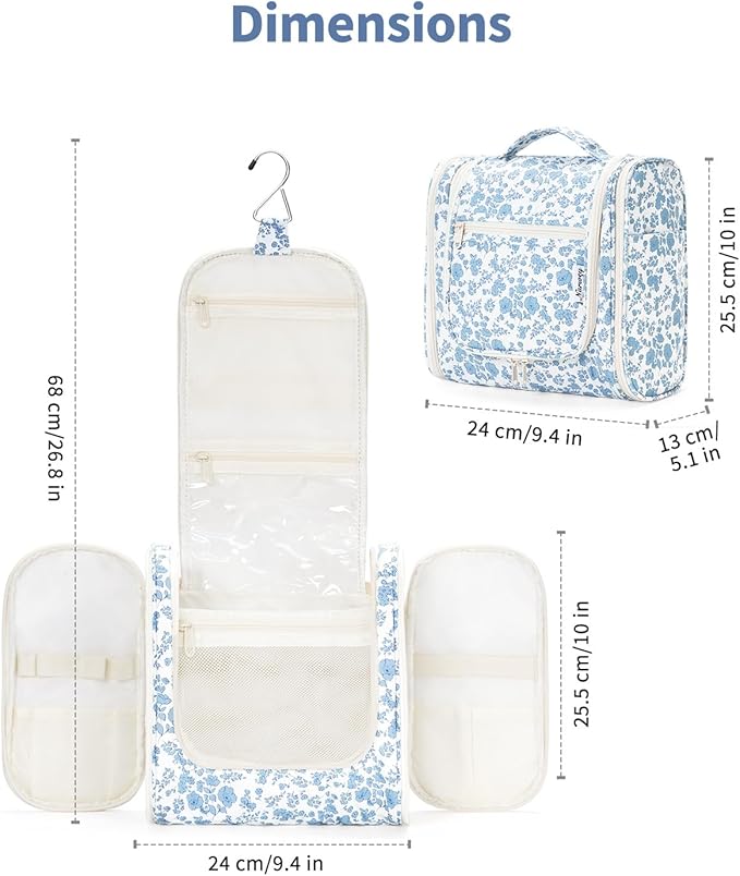 Narwey Hanging Toiletry Bag for Women Travel Makeup Bag Organizer Toiletries Bag for Cosmetics Essentials Accessories (Large, Little Blue Flower)