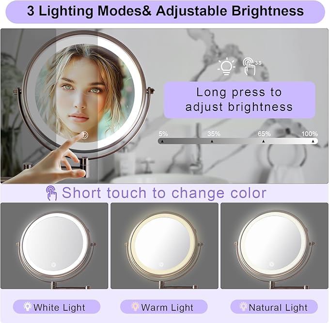 JANEEVA 8 inch Wall Mounted Lighted Makeup Mirror, Rechargeable Double Sided 1X/10X Magnifying Mirror with 3 Color Lights, Touch Dimming Vanity Mirror for Bathroom,Oil Rubbed Bronze