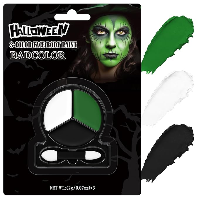 White Black Green Face Body Paint with Applicator, Oil Based Face Painting Kit for Zombie, Monster, Witch Halloween Makeup, Cosplay, Costume, SFX Special Effect and Parties - Compact, Travel Size