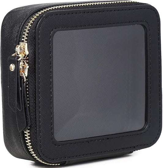 Pinkmik Small Makeup Bag Mini Clear Cosmetic Makeup Case & Toiletry Bag with Zipper Women's Purse Organizer & Car Essentials (Black, MINI)