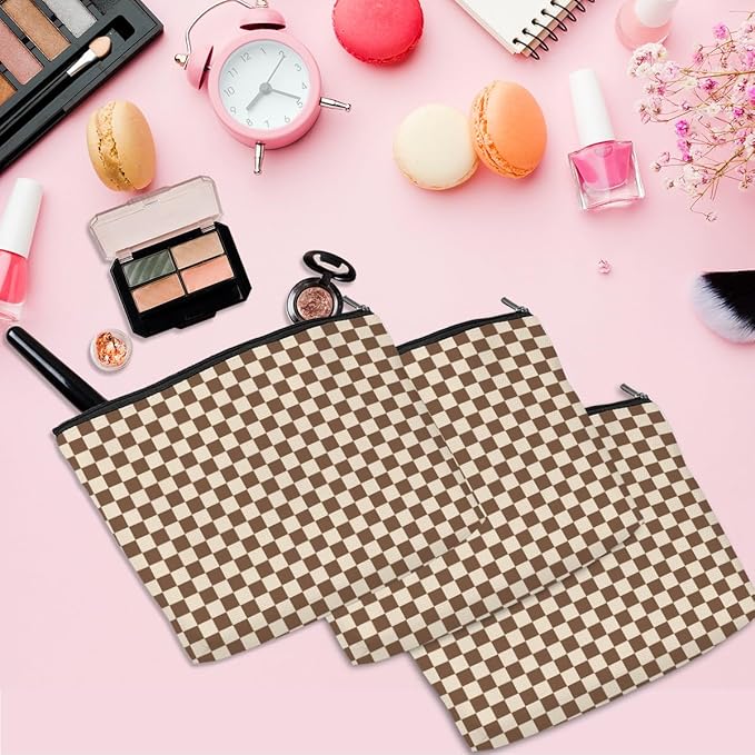 6 Pcs Checkered Makeup Bags Make up Bag Cosmetic Bags for Women Girls Sister Mom Bridesmaid Friendship Christmas Birthday Travel Toiletry Bag Aesthetic Zipper Organizer Accessories, Cute Brown Plaid