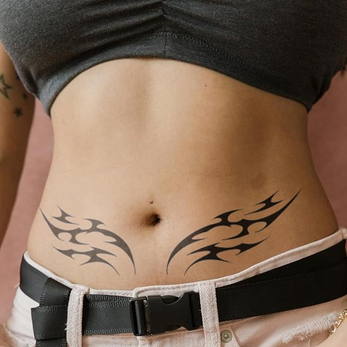 Y2K Neotribal Cybersigil Tattoos – 2 Small Symmetrical Tribal Temporary Tattoos for Waist, Hand, Arm, Neck & Lower Back, Realistic & Long-Lasting Fake Tattoo for Women