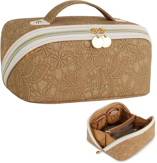 Prite Travel Cosmetic Bag Makeup Organizer Bag For Women Large Capacity Waterproof PU Leather Toiletry Bag with Handle and Clear Divider(Brown Flower)
