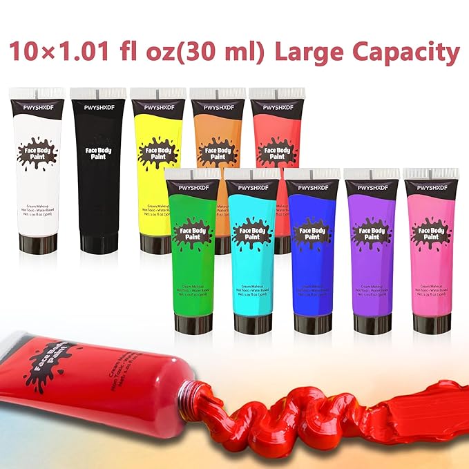 10 Colors Face Body Paint Set, Water Based Body Paint for Adults & Kids, Washable Face Paint Kit with Brushes & Sponges, Non-Toxic Face Painting for Halloween Party Cosplay Stage Makeup