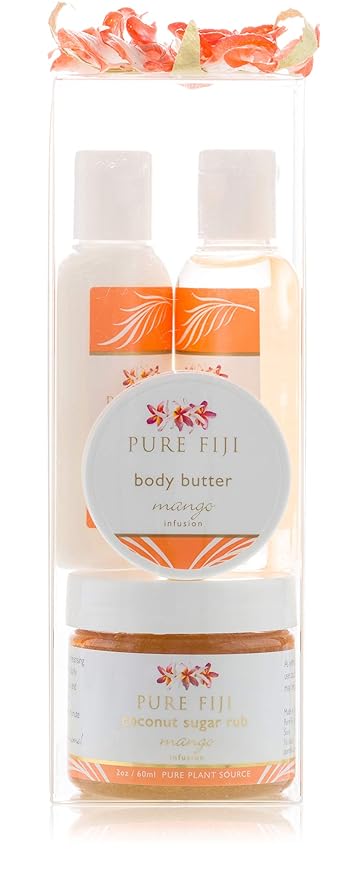 Pure Fiji Spa Gifts for Women and Man - Body Gift Box Include: Sugar Scrub, Bath and Body Oil, Body Butter and Body Lotion, Scent Mango