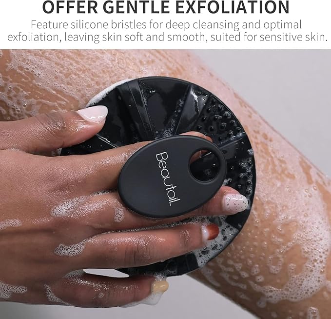 Silicone Body Scrubber & Scrub Nets, BEAUTAIL 4 Pack – Rich Foam and Exfoliation with Gentle Brush or Firmer Net Options – Hygienic, Durable, Easy to Clean – 2 Brushes (Black+Blue), 2 Nets (Gray+Blue)