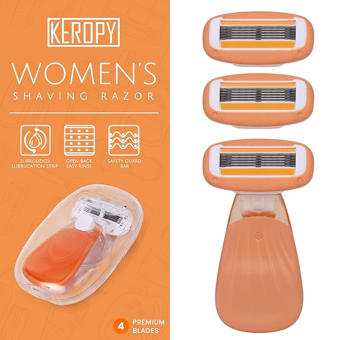Mini Travel razor Kit for women - 1 Handle and 3 Cartridges - Extra Smooth 5-blade With Case for Close Shaving - Orange