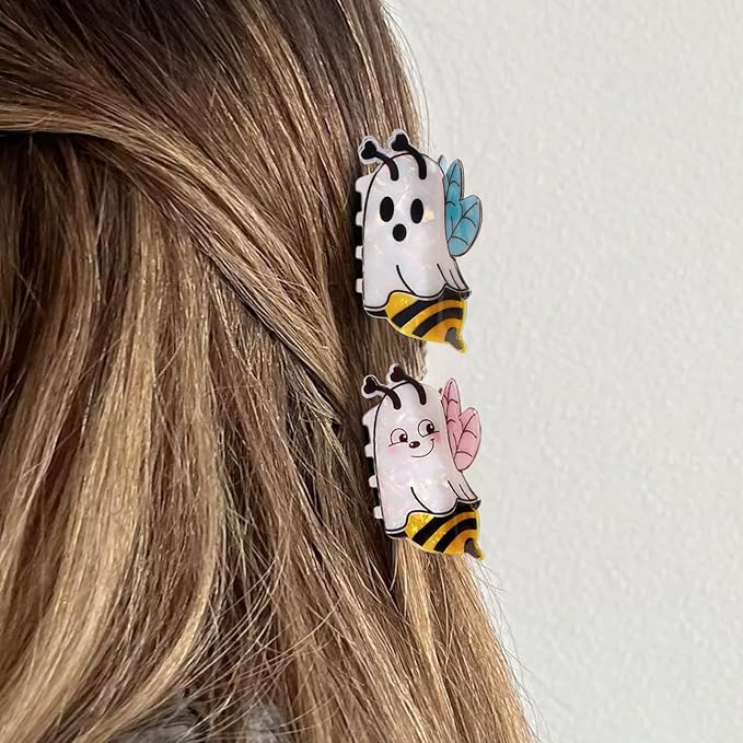 2 Pcs Halloween Hair Clips for Women, Cute Funny Ghost Bee Hair Claw Clips with Blue Pink Wings Design Halloween Hair Accessories Large Claw Clips Non-Slip Hair Claw for Thick and Thin Hair