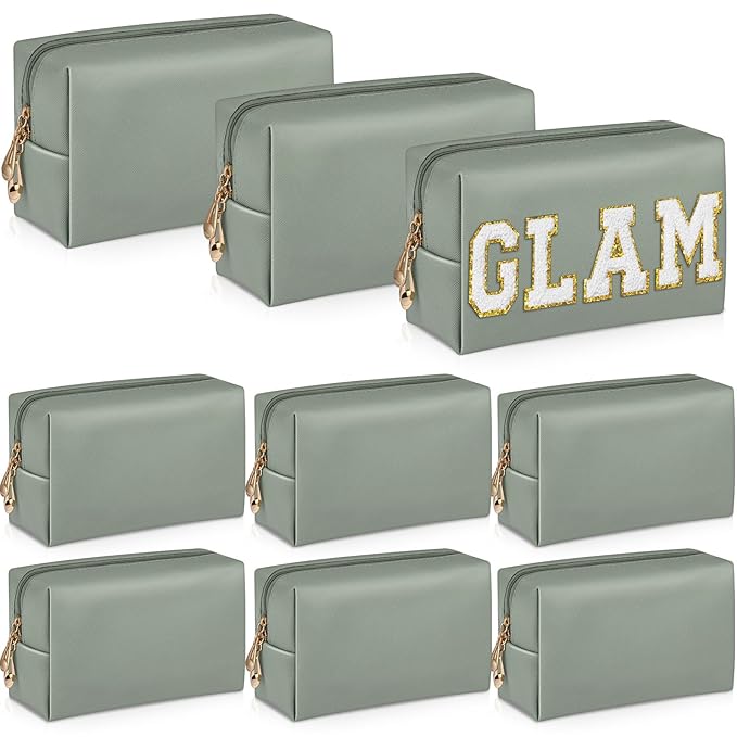 Sanwuta 9 Pcs Makeup Bags Bulk PU Double Zippers Cosmetic Bag Makeup Toiletry Pouch Portable Travel Organizers Case for Women Bachelorette Party End of The Year Bridesmaid Gift(Dark Green)