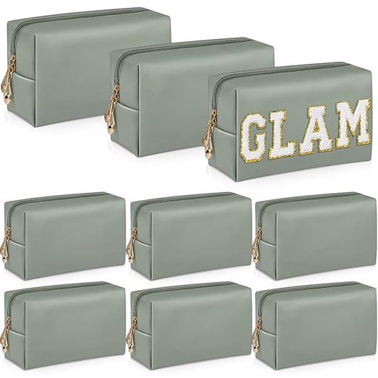 Sanwuta 9 Pcs Makeup Bags Bulk PU Double Zippers Cosmetic Bag Makeup Toiletry Pouch Portable Travel Organizers Case for Women Bachelorette Party End of The Year Bridesmaid Gift(Dark Green)