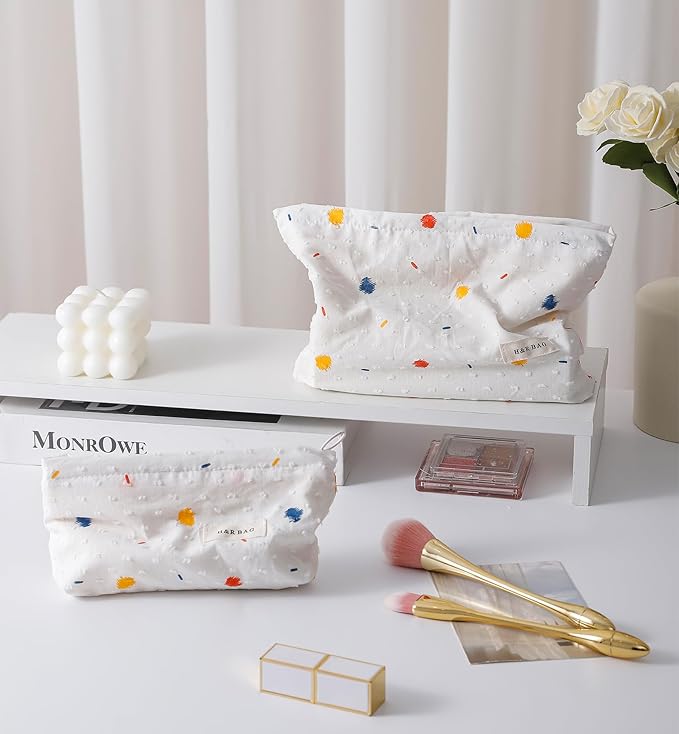 2 Pcs Makeup Bags, Large Cosmetic Bag Travel Toiletry Bag Organizer for Women, Embroidery Craft, Floral Makeup Bag Small Cosmetic Pouch Purse with Zipper, Gifts for Girls Teen (Colorful Dots)