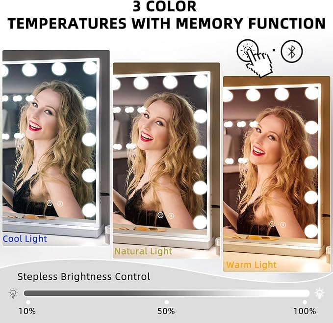 Fenair Vanity Mirror with Lights 22.8"x 18.1" Makeup Mirror with Lights and Speaker 15 Dimmable Bulbs,3 Colors Modes,Hollywood Mirror with USB Charging and 10X Detachable Magnification Mirror（Black）