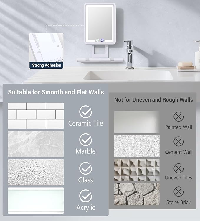 Shinowa Heated Shower Mirror Fogless for Shaving, 360° Adjustable Lighted Shower Mirror with 3 Color Modes, Rechargeable Anti Fog Shaving Mirror with Large Storage Tray & Razor Holder, White