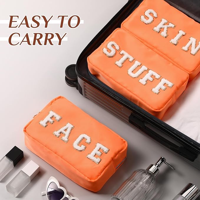 Cunno 4 Pcs Preppy Makeup Bags Chenille Letter Stuff Bag Nylon Cosmetic Pouch Cases with Zipper for Women Travel Toiletry