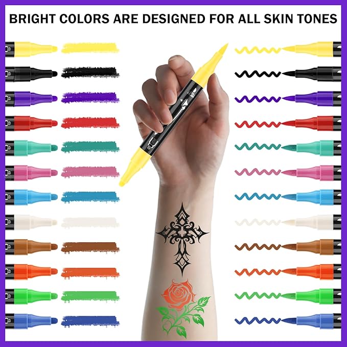 Ponhey Temporary Tattoo Markers for Skin, 12 Body Markers+67 Large Tattoo Stencils,Dual-End Tattoo Pens,Fine Lines with Cosmetic-Grade,Flexible, Skin-Safe Face Paint Kit for Kids Teenage Adults