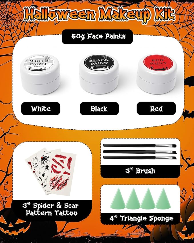 Halloween Effects Makeup Kit, Red Black White Face Paint, Makeup with Tri-color makeup Tattoo stickers sponges brushes, Perfect for Halloween Zombie Vampire Skeleton