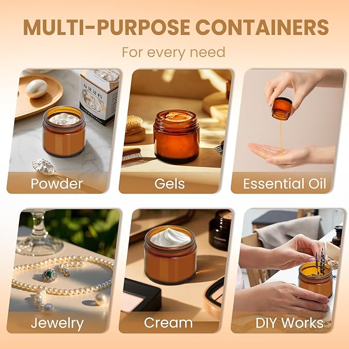 Amber 2oz Glass Jars with Lids - 24 Pack Leakproof Small Cosmetic Containers with Inner Liners, Wide-Round Smooth Mouth, Sealable for Creams, Lotions, Essential Oils, Body Butter, Travel Samples