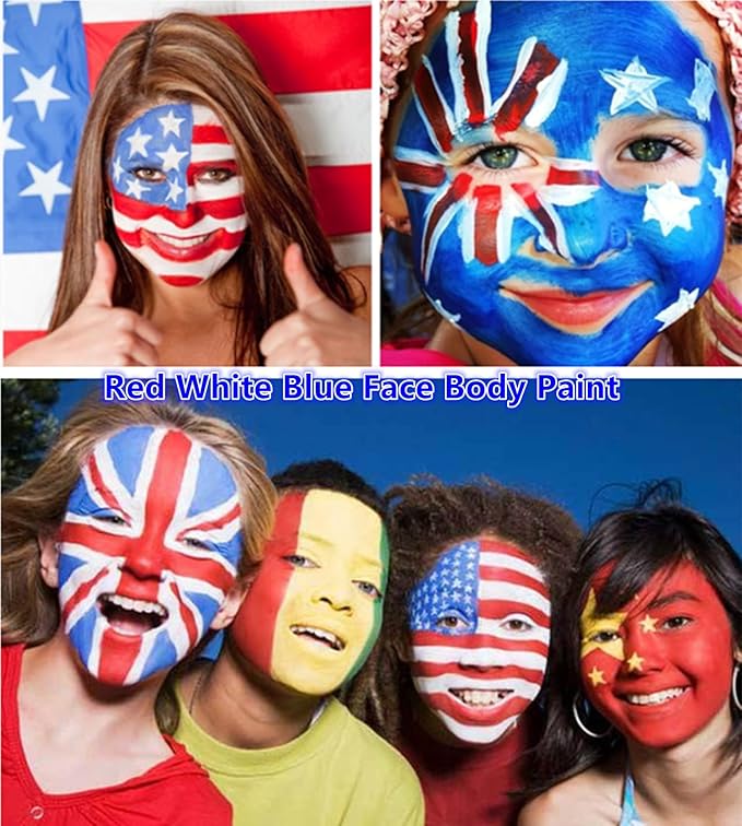 Go Ho Red White and Blue Face Body Paint Stick,Water Based Cream Washable Face Paint Clown Makeup,Easy to Use with Cushion Applicator,Halloween Cosplay SFX Makeup,4th of July Accessories